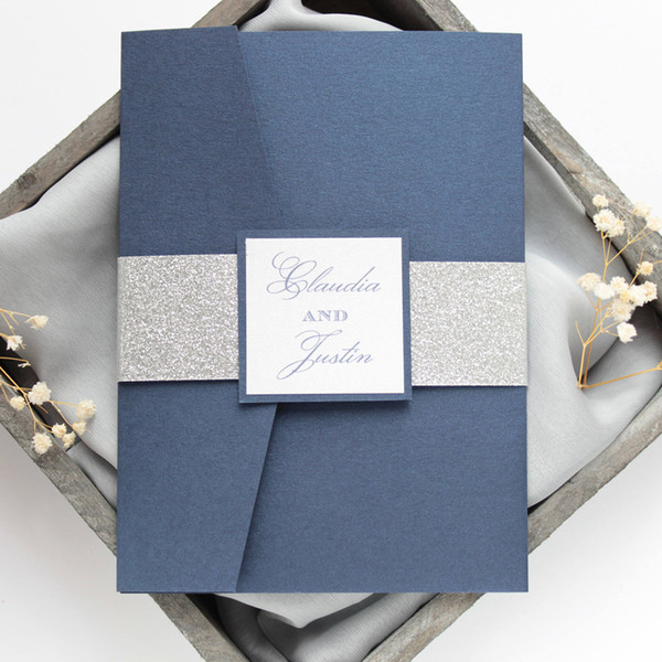 Navy Blue Silver Bottom Wedding Invitation Set, Pocket Invitations with Silver Glitter Belly Band and Tag for Business Anniversary Invite