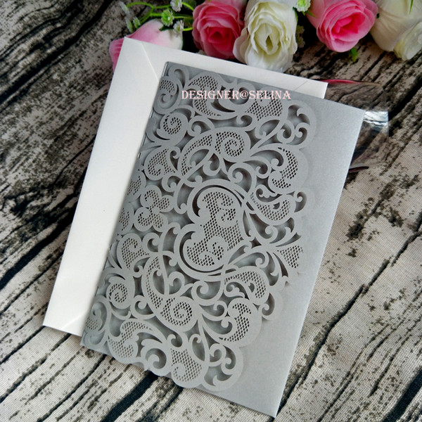 Silver Pocket Wedding Invitation with RSVP Card, 20+ Color Laser Cut Invitations for Bridal Shower Birthday Graduation Dinner Invites