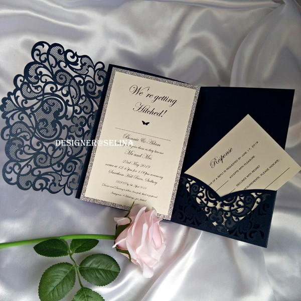 Navy Blue Sweetheart Laser Cut Pocket Wedding Invitation with RSVP Card, Invitations for Bridal Shower Birthday Graduation Party Invite