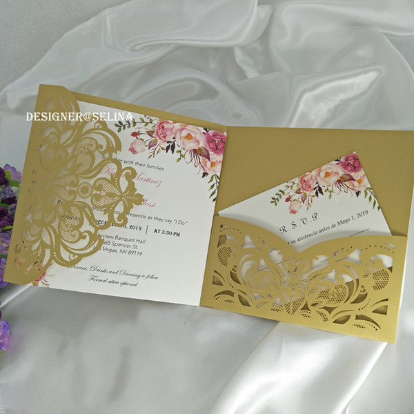 Gold Floral Trifold Pocket Wedding Invitations with RSVP Card, Laser Cut Invitation Cards for Sweet 15th Bridal Shower Quince invite