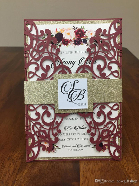 Burgundy Lace Wedding Invites With Glitter Belly Band and Tag DIY Laser Cut Party Invitation Sets Free Shiping by DHL