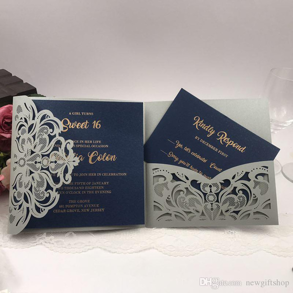 Navy Blue Flower Laser Cut Pocket Wedding Invitation Kits Customized Printing Business Invitation Cards in 24 Color 