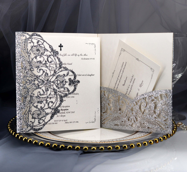 Luxury Silver Glitter Laser Cut Pocket Invitations Cards with RSVP Card and Envelope for Wedding Engagement Birthday Quince