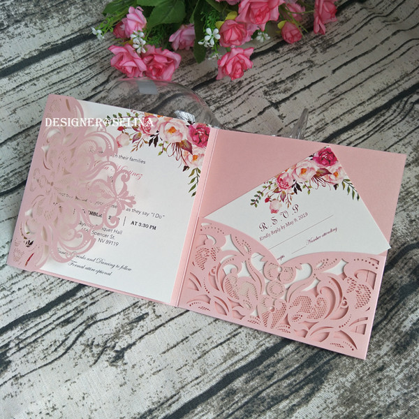 Pocket Only DIY Gorgeous Pink Shimmer Square Laser Cut Invitations for Wedding, DIY Laser Cut Invite for Quinceanera