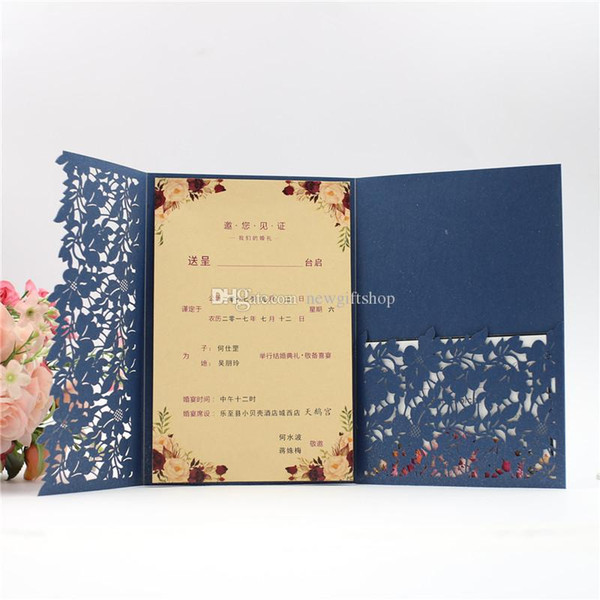 Shipped by DHL Navy Blue Laser Cut Pocket Wedding Invitation Kits, Customizable Party Invites with RSVP And Envelope