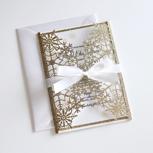 Winter Glitter Wedding Invitation, Snowflake Laser Cut Invitation, Elegant Wedding Invite Gold Glittery Wedding Invitations with Bow