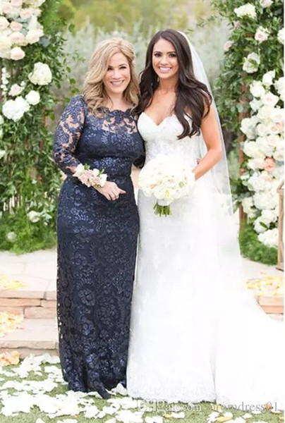 Hot Sell Navy Blue Mother of the Bride Dresses Sheath Long Sleeves for Wedding Party In Stock with Lace Appliques Floor Length Plus Size