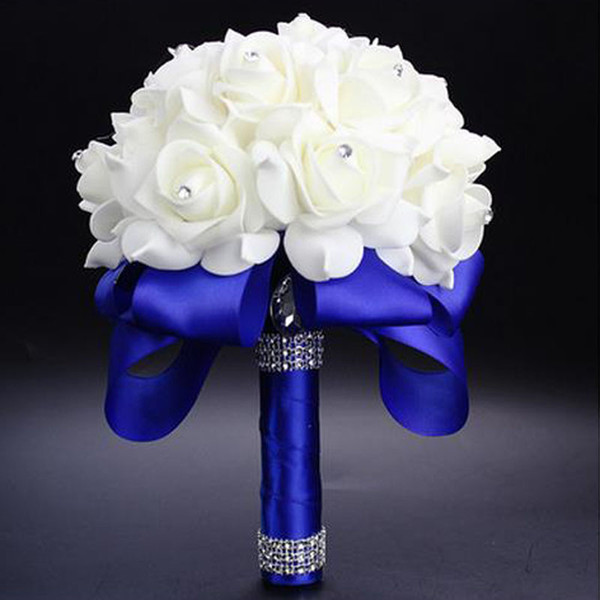 2017 Elegant Rose Artificial Bridal Flowers Bride Bouquet Wedding Bouquet Crystal Royal Blue Silk Ribbon New Buque De Noivablue bouquet