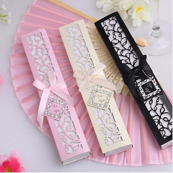 FREE SHIPPING + 50pcs/lot Luxurious Silk Fold hand Fan in Elegant Laser-Cut Gift Box (Black/Beige/Pink) +Hand Fans wedding Gifts