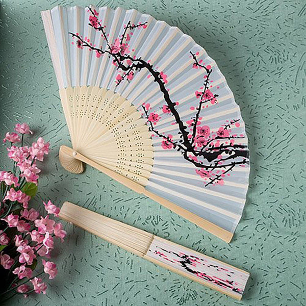 200pcs Wedding Wintersweet Fans Elegant Plum Blossom Flower Print Folding Hand Fan Summer Women Girl Dancing Fan