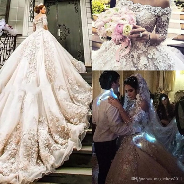 Michael Cinco Castle Church Wedding Dresses A Line Off the shoulder with Long Sleeve Modest 3D Floral Lace Cathedral Train Bridal Gowns