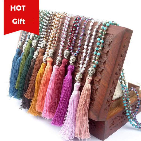 Bohemian Necklace 925 Silver Buddha Multi Glass Beads Long Necklace Crystal Tassel Necklaces Wedding Party Gifts