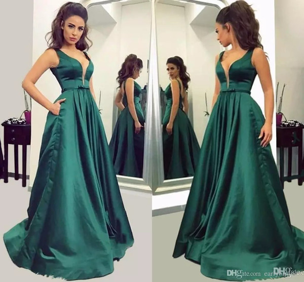 Elegant Dark Green A Line Evening Dresses V Neck Long Prom Dresses with Pockets Simple Satin Formal Evening Dresses For Women
