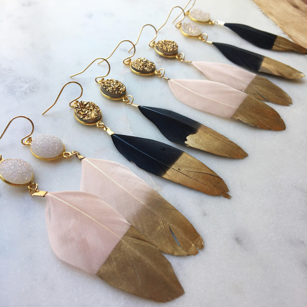 Gold Dipped Feather Earrings Wedding Party Gifts Gold White Druzy Earrings Black Feather Earrings Bride Feather Jewelry