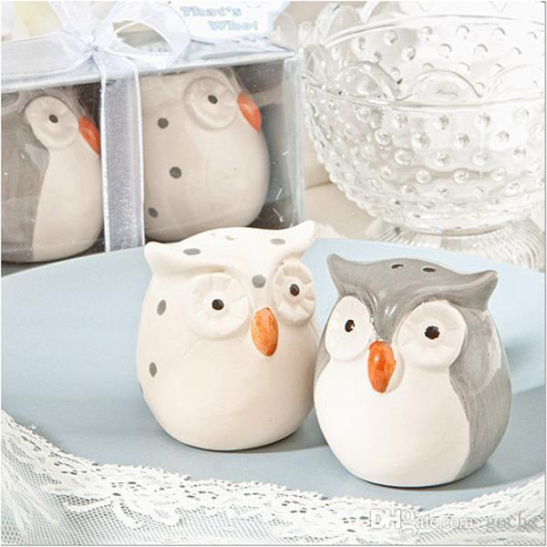 120pcs=60sets/lot Wedding Favors and Gifts Baby Shower Gray and White Color Owl Ceramic Salt and Pepper Shaker 