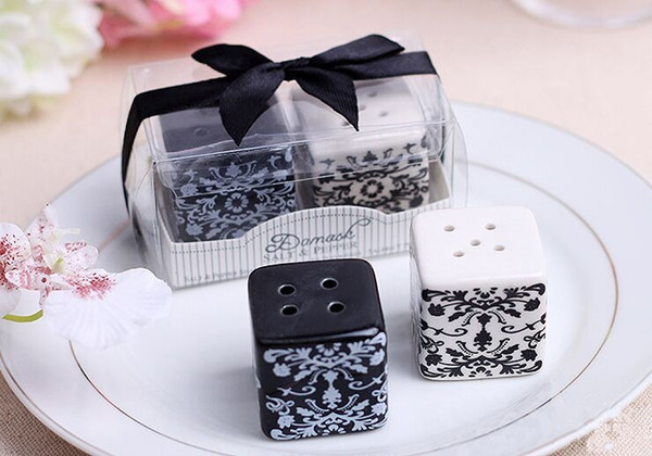 Black and White Pair of Damask Ceramic Salt and Pepper Shakers wedding favor party birthday gift guest gift present