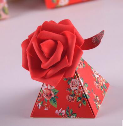100 Pcs European style purple pink red flower color Pearl paper triangle pyramid Wedding box Candy Box gift boxs wedding favour boxes THZ188