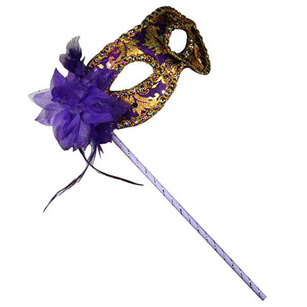 Women's Venetian MasquerMask On Stick Sexy Eyeline Venetian Masquerade Party Mask Sequin Lace Edge Lateral Flower Hollween Party Mask MJ025