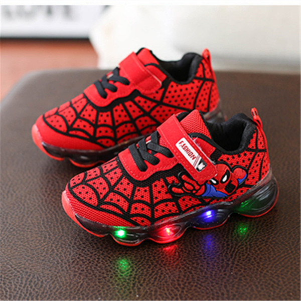 Childrens Sports Shoes Flashing Shoes 18 New Boys and Girls Mesh Breathable Running Shoes Spider-Man LED Lights