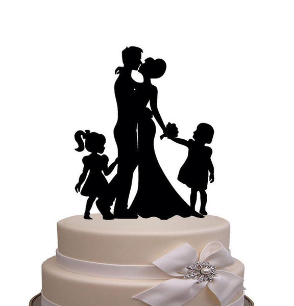 Feis wholesale arcylic a family of four people bride and groom with two baby inserted card cake topper