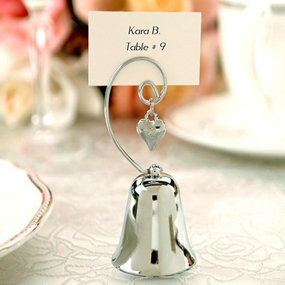 Hot Wedding gift Charming Chrome Bell Place Card/Photo Holder with Dangling Heart Charm 