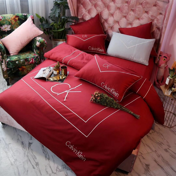 Embroidery Letter Fashion Bedding Sets Smooth Top Grade 60S Long Stapled Cotton Wedding Bed Sheet Suit 4PCS Luxury Boutique Quilt Cover