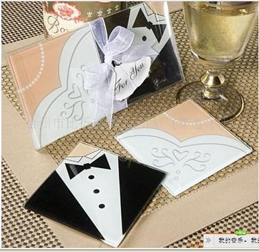 New Arrival Bride Gown & Groom Tuxedo Glass Coasters cup mat for Wedding Favors (Set of 2)free shipping