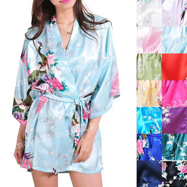 Short Cheap Brideamaid Peacock Satin Kimono Robe Wedding Party Robes Silk Sleepwear Bridesmaid Bathrobe Party Favors Gift Bridal Kimono