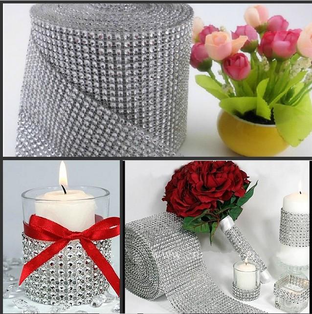 10 Yds Silver Wedding Bouquet Candles Accessories DIAMOND MESH WRAP ROLL SPARKLE RHINESTONE Crystal Platinum Ribbon Decoration Supplies