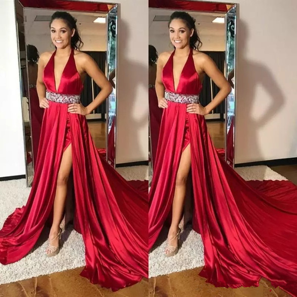 Red Halter Neck Long Prom Dresses Crystals Beaded Sleeveless Formal Wear wedding Evening party Dress Sexy Backless Party Dress