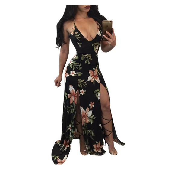 Summer Halter Deep V backless sleeveless dress side split sexy women long floral beach dresses black printed boho maxi dress