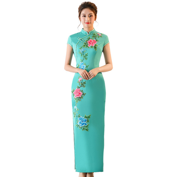 Autumn 2018 new women elegant style opening fork vintage long-style stage costumes show cheongsam