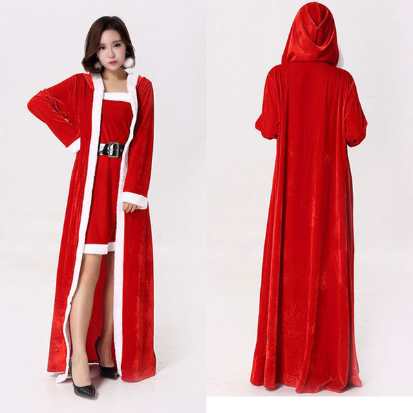 INS Christmas Party Cosplay Costume Dresses With Hat Adult Long Sleeve Red Woman Santa Claus Wraps