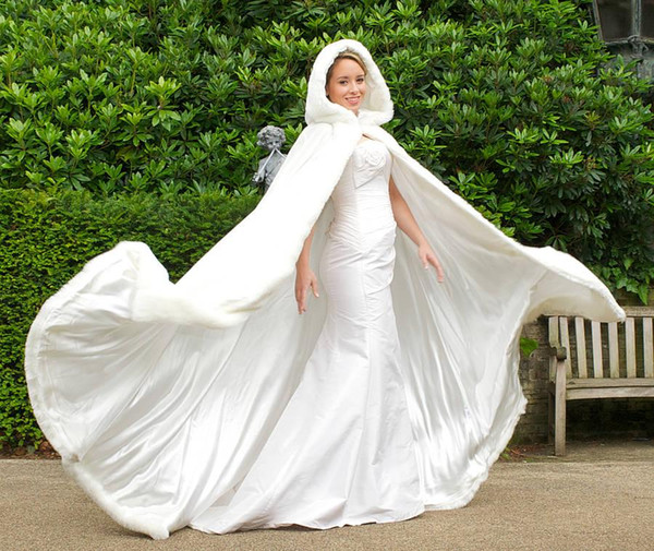New Winter Faux Fur Cloaks Hooded Wedding Wraps White Floor-Length Fur Bridal Overcoats Warm For Winter