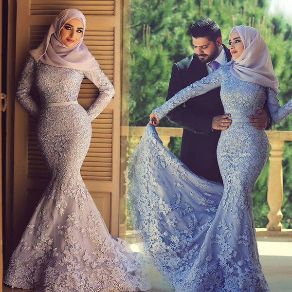 Blue Purple Violet Long Sleeves Elegant Arabic Lace Mermaid Muslim Wedding Dress