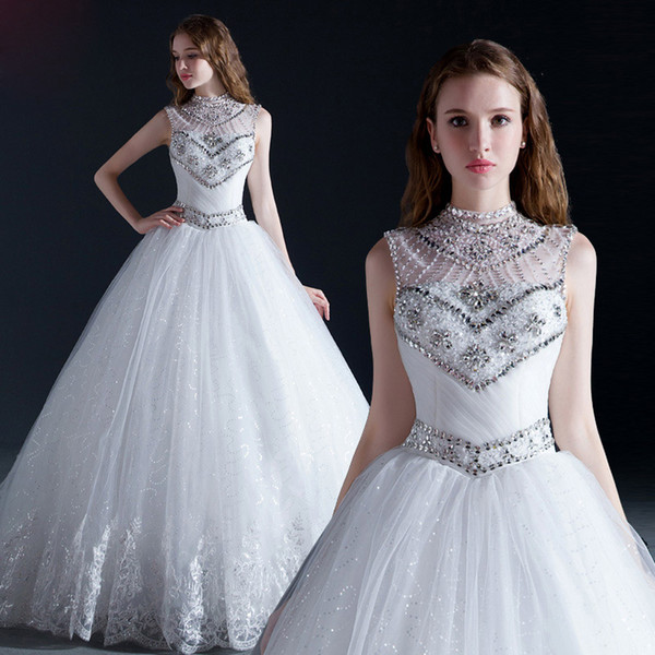 2017 halter white crystal sweep train & floor-length Wedding dress made by lace hollow back less luxurious transparent bride dress