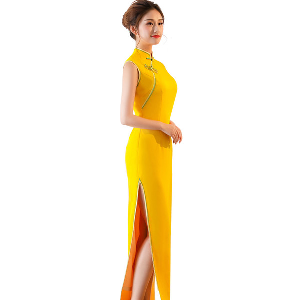 Miao-man cheongsam summer 2018 new women's dress improvement retro Chinese wind routine show long yellow dress