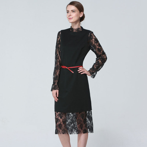 Elegant Two Pieces Black Women Formal Dresses Full Lace High Collar Long Sleeve Evening Party Dress With Long Vest S-2XL