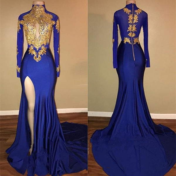 Gold Lace Royal Blue Long Evening Formal Wear Dresses Sheer Neck Long Sleeve Dubai Arabic Mermaid Prom Dress