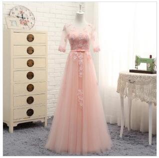 New fashion Pink Tulle Bridesmaid Dresses A Line O Neck Half Sleeve Elegant Dress Women For Wedding Party Vestidos De Dama De Honra 2019