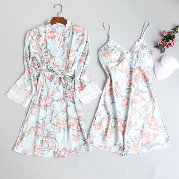 2019 Two Pieces Flower Bridesmaid Robes Ice Imitation Wedding Robes For Bridesmaid Sexy Sleepwear for Women Bathrobes Night Wear Mini Dress