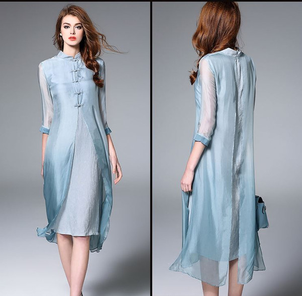 early spring new Chinese style version, cheongsam, pure color silk, seemingly two dresses, long skirts