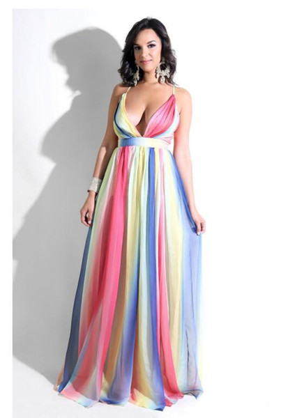 Gradient Color Sexy Chiffon Dress Women Deep V Neck Spaghetti Strap Long Maxi Robe Summer Back Lace Up Sleeveless Vestido