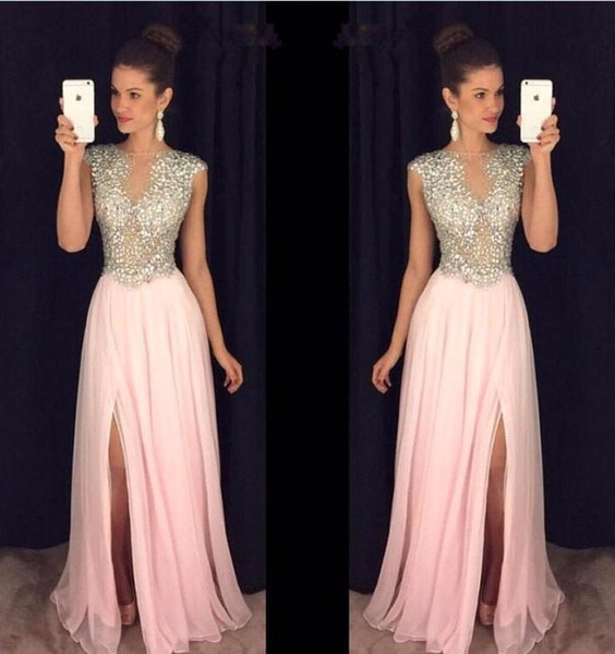 2017 A Line Sleeveless Evening Dresses Slit Side Prom Dresses With Beads Pink Carpet Runway Dresses Custom Made