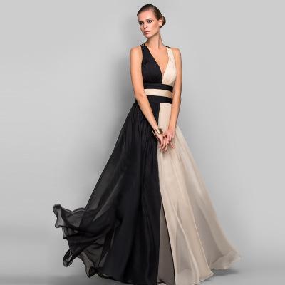 Spot hot sale ladies high-end evening dress / INS same section hot sale explosions v-neck sleeveless color matching party dress long skirt