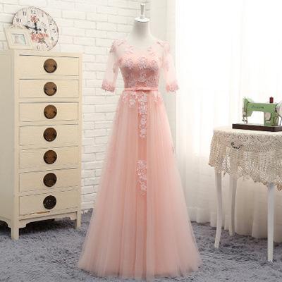 Pink Tulle Bridesmaid Dresses A Line O Neck Half Sleeve Elegant Dress Women For Wedding Party Vestidos De Dama De Honra 2019