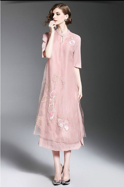 New style Europe and the United States Eugen cotton Stand-up collar embroidery cheongsam dress by organza