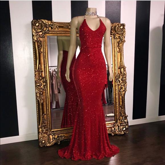 Halter Red Sequin Prom Dress