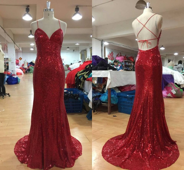 Tie Back Formal Occasion Dress Red Sequin Prom Dress