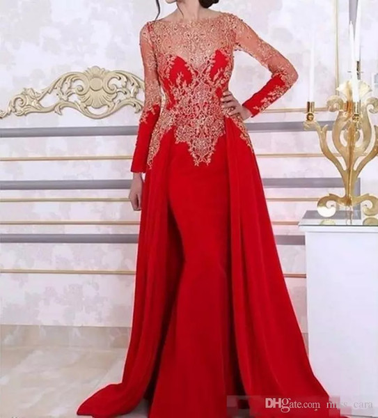 Arabic Red Long Sleeve Mermaid Evening Dresses With Detachable Skirt Lace Beading Sequin Kaftan Formal Women Party Gown